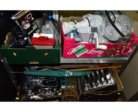 FOUR BOXES AND LOOSE OF KITCHENALIA, CHRISTMAS DECORATIONS etc, to include a Lacor mincer, Phillips electric whisk, storage b