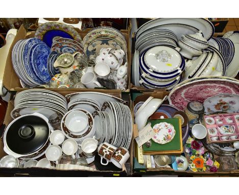 FOUR BOXES AND LOOSE CERAMICS, to include part dinner service with blue and brown decoration, RD number to base of some items