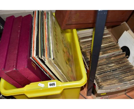 A CASE OF LINGUAPHONE SINGLES AND TWO BOXES OF LPs AND SINGLES, including three sleeves of 'Living Shakespeare', Jack Jones, 