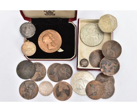 A BOX LID CONTAINING A SMALL AMOUNT OF COINS, to include a Elizabeth I hammered sixpence 1575mm Eglantine, together with a 19