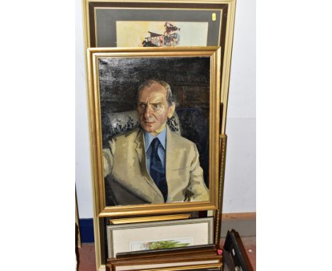 PAINTINGS AND PRINTS ETC, to include a seated portrait of a male figure wearing jacket and tie, unsigned, oil on canvas, size
