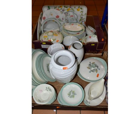 TWO BOXES OF CERAMICS AND A PRINT, WEDGWOOD, 'Woodbury', to include plates, saucers, tureens, soup bowls, etc mostly seconds,