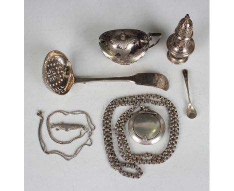 A Victorian silver Fiddle pattern sugar sifter spoon, Exeter 1851 by Robert Williams &amp; Sons, and a small group of other s