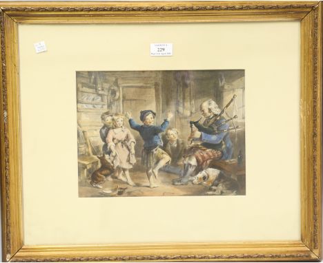 Circle of Thomas Faed - Children dancing in an Interior Setting with a Man playing the Bagpipes, 19th century watercolour, 22