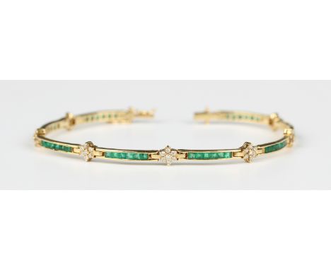 A gold, emerald and diamond bracelet in a curved bar and cluster link design, the curved bars mounted with rows of calibre cu