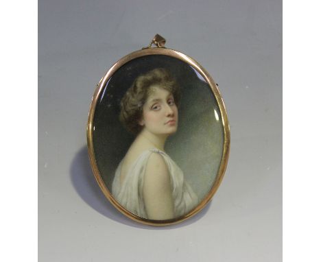 British School - Oval Miniature Portrait of a Lady wearing a White Dress, early 20th century watercolour on ivory, 8.5cm x 6.