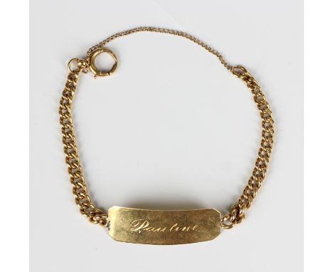 An 18ct gold curblink identity bracelet, engraved 'Pauline', with a boltring clasp, detailed '18', weight 15.6g, length 18cm.