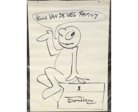 Tony Hart - Morph, 20th century pen and ink, signed and dedicated, 84cm x 59cm, together with two photographs of the artist c