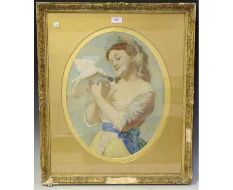 French School - Three-quarter Length Portrait of a Girl feeding Grapes to a Dove, 19th century watercolour, 47cm x 36cm, with