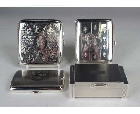 Three silver curved rectangular cigarette cases, one with engine turned decoration, Birmingham 1905 by William Neale, length 