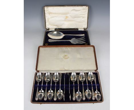 A George V silver dessert serving fork and spoon with engraved decoration, Sheffield 1913 by Allen &amp; Darwin, length 22.5c