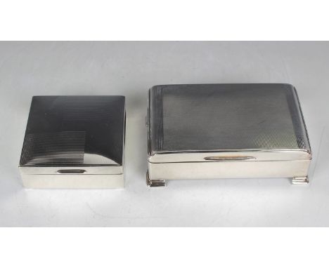 An Elizabeth II silver square cigarette box with geometric engine turned hinged lid, Birmingham 1954 by Turner &amp; Simpson,