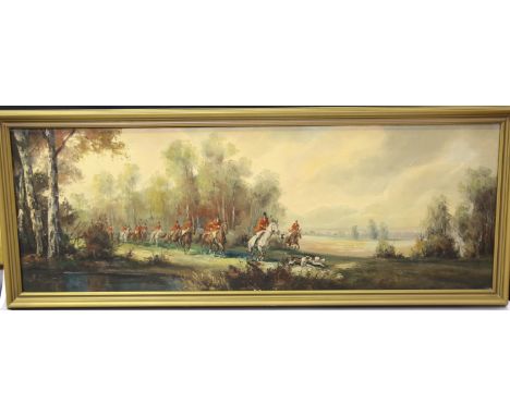 Bruno Krauel - 'Parforcejagd' (Fox Hunting Scene), 20th century oil on canvas, signed recto, titled verso, 34.5cm x 99cm, wit