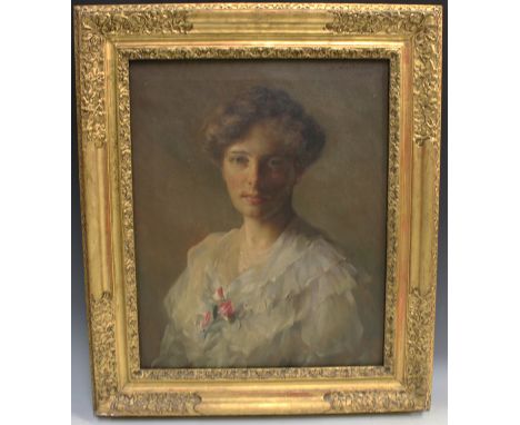 Alexander Macdonald - Half Length Portrait of a Lady wearing a White Dress, oil on canvas, signed and dated 1906 recto, parti