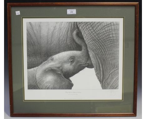 Gary Hodges - 'Baby African Elephant Suckling', 20th century monochrome print, signed and editioned 21/850 in pencil, 35.5cm 