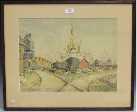 Sydney Maiden - 'Royal Albert Docks', watercolour and ink, signed, titled and dated Sept 1951, 33cm x 43.5cm, within a staine