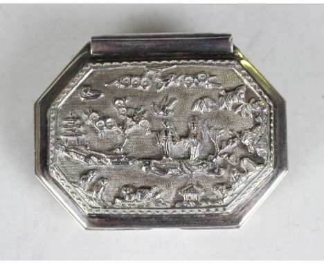 An Elizabeth II silver snuff box, limited edition number 194 of 500, in the form of a Chinese box, cast in relief with figure