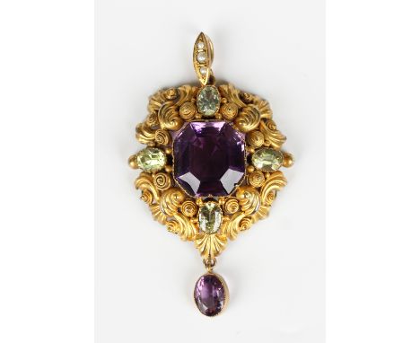 A gold, amethyst, peridot and seed pearl pendant, the central octagonal step cut amethyst within a scrolled and beaded surrou