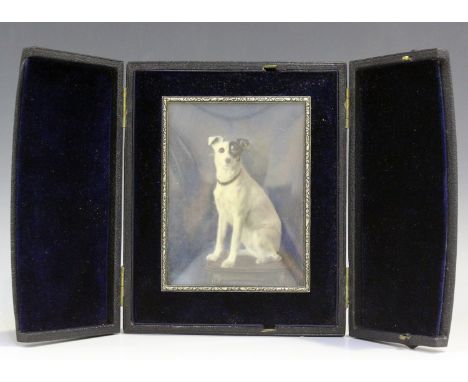 British School - Miniature Portrait of a Terrier, late 19th/early 20th century watercolour over a photographic base, 10cm x 7