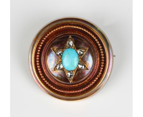 A Victorian gold, rose cut diamond and turquoise brooch of circular form, applied with a six pointed star motif to the centre