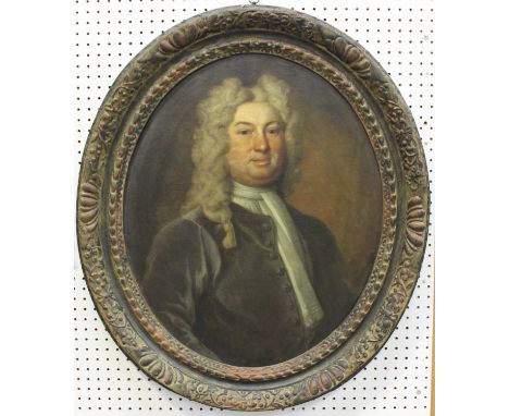 Circle of Isaac Whood - Oval Half Length Portrait of a Gentleman wearing a Periwig, Green Velvet Jacket and White Stock, 18th