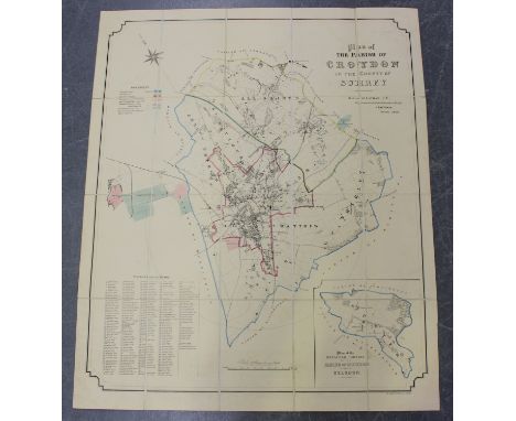 Kell Bros (printers) - 'Plan of the Parish of Croydon in the County of Surrey', lithograph in 20 sections hand-coloured in ou