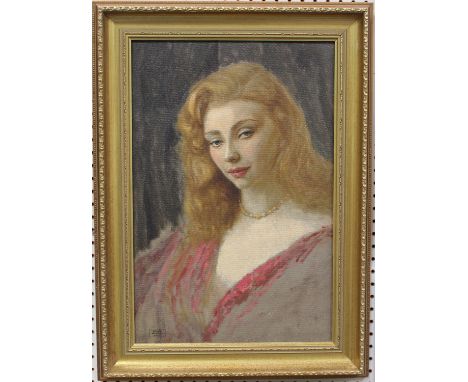 Nicholas Egon - Portrait of a Lady wearing a Pink Dress, 20th century oil on board, studio stamps recto and verso, 59cm x 39c