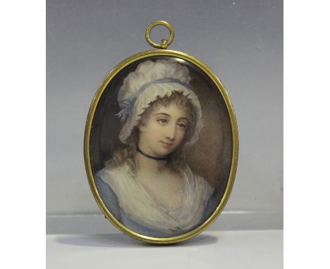 British School - Oval Miniature Portrait of a Girl wearing a White Bonnet with Blue Ribbon, 19th century watercolour on ivory