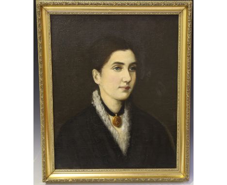 British School - Half Length Portrait of a Lady wearing a Locket, late 19th/early 20th century oil on canvas laid onto board,
