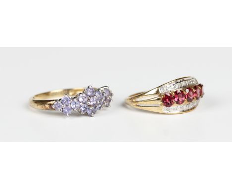 A 9ct gold and light mauve gem set ring, Birmingham 2005, ring size approx Q/12, and a 9ct gold, garnet and diamond ring, mou