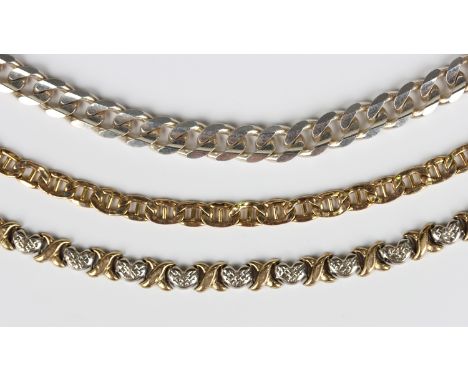 A 9ct two colour gold bracelet in a heart shaped and twist link design, length 19.8cm, a 9ct gold bracelet in an oval and bar
