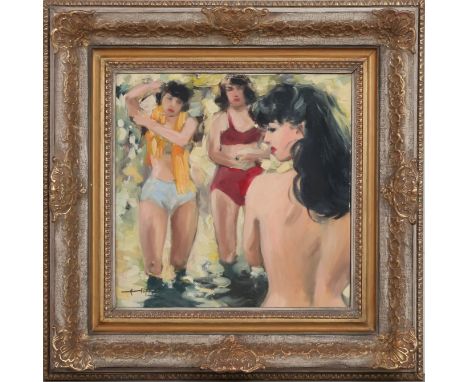 UNBEKANNT (20. Jahrhundert), Öl auf Leinwand, ¨3 Frauen beim Baden¨ (1954), unten links signiert ¨Hofer¨ und datiert, ca. 40x