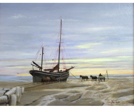 Stan Harris (British, 20th century): a set of three seaside paintings, the first, 'Unloading Coal, North East England', based