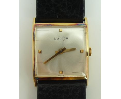 A Luxor gentleman's 18ct gold cased wristwatch, the rectangular pearlised dial with small gold squares at the cardinal points