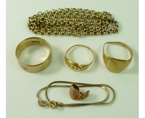 A group of gold jewellery, comprising an 18ct gold ring set with white stones, size M/N, 1.4g, two 9ct gold rings, one a gent