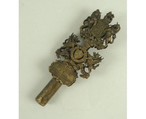 A rare Victorian gilded brass ceremonial tip staff finial, each side formed as the Royal coat of arms above the arms of the C