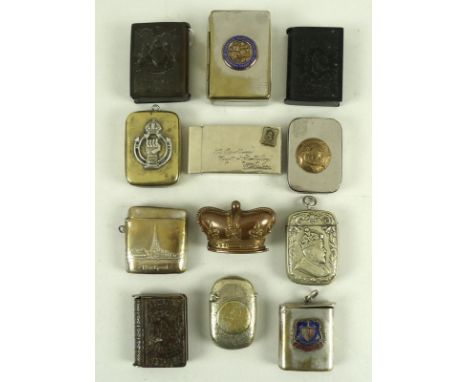 A group of twelve commemorative vesta cases, including a brass case with emblem for the Royal Armoured Corps, another with cr