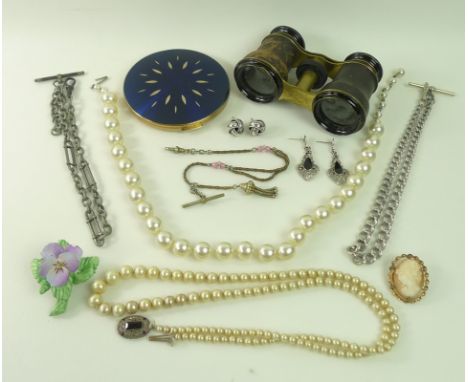 A group of costume jewellery and vertu, including a silver watch chain with base metal 'T' bar, a pair of silver knot earring