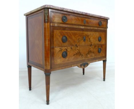 A French Louis XVI style commode, 19th century, kingwood, purple heart and fruitwood marquetry, shaped rectangular breche vio