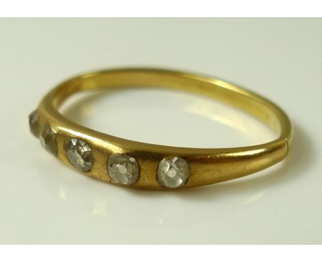 A 14ct gold ring set with five old cut diamonds, approx 0.2ct total diamond weight, band mis-shapen, approx size M1/2, 2.2g.P