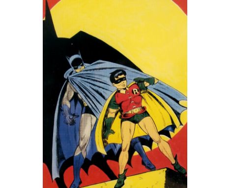 Batman and Robin, a coloured serigraph print, 19 by 15cm, mounted with the signature of Bob Kane creator of Batman comics, fr