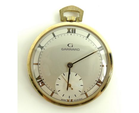 A Garrard 9ct gold pocket watch, open face, keyless wind, silvered dial with gold Roman numerals and subsidiary seconds dial,