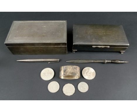 A selection of silver and plate including two cigarette boxes, one with engine turned body, the lid with raised scrolling rim