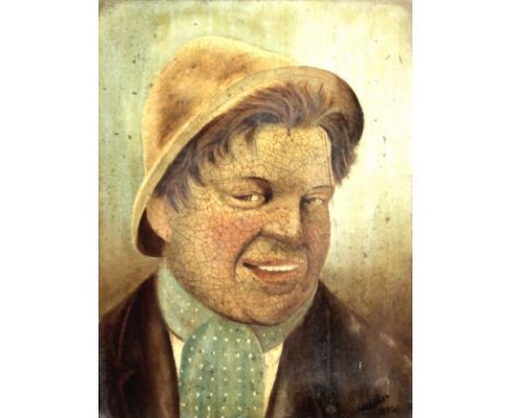 W. H. Shaw (British, 19th century): a portrait of a young man in a brown hat, wearing a green spotted cravat, oil on board, s