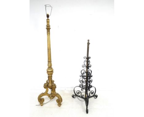 A French 18th century style giltwood standard lamp, late 20th century, the stopped fluted column with acanthus leaf ring on t