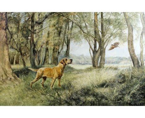 Henry Wilkinson R.E., A.R.C.A. (1921-2011): a yellow Labrador putting up a woodcock within a gladed mere, oil on canvas, sign