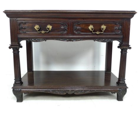 A late Victorian mahogany server by Jas. Shoolbred & Co, moulded surface with two frieze drawers with cast brass and gilt han