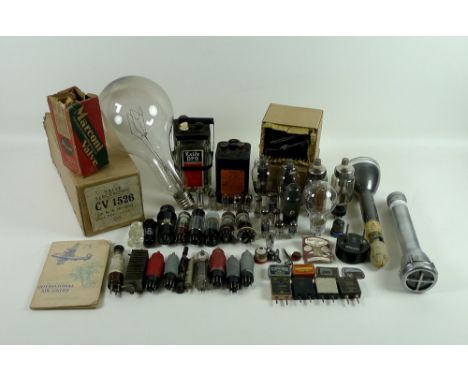 An oversized pear form light bulb, screw mount, 32cm long, together with a collection of vintage electronic valves of varying