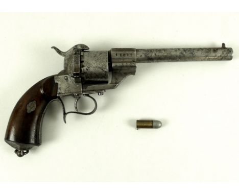 A Belgian pin fire revolver, number 18622, flared butt and steel cap with ring, circa 1880, 29cm.