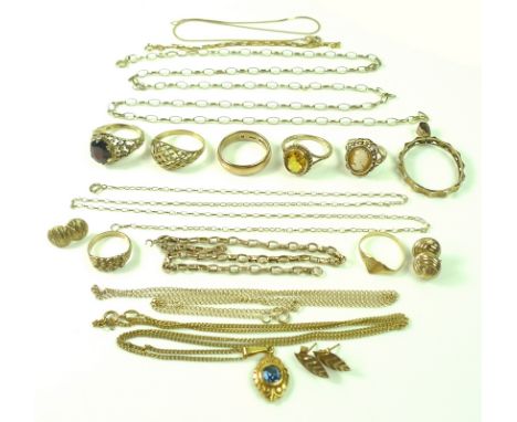 A collection of 9ct gold jewellery, including five 9ct gold rings, one set with a citrine, another with shell cameo, sizes G 